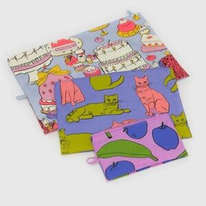 Baggu Still Life Colorful Cat and Cake Print Flat Pouch Set NEW